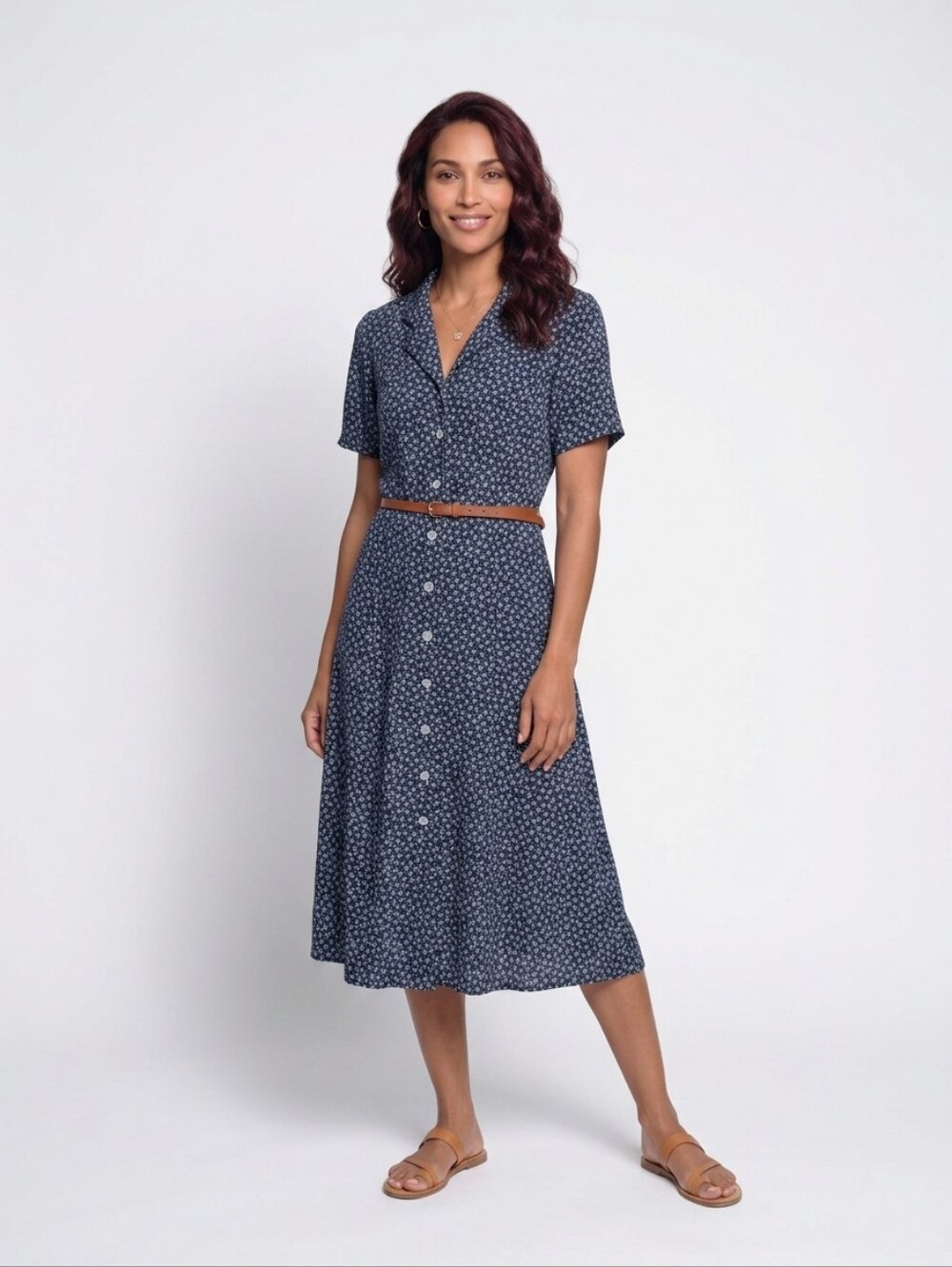 Vintage Navy Button-Front Short-Sleeve Midi Dress with Subtle Print